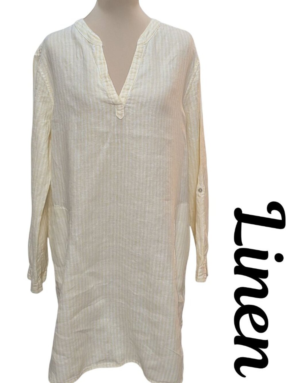 Tahari 100% Linen Striped Roll-Tab Sleeve Tunic Dress